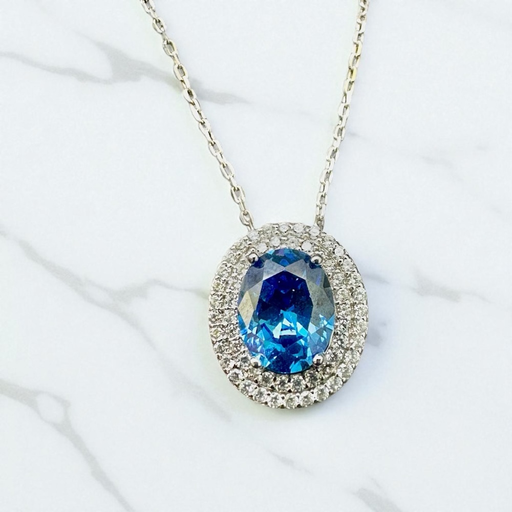 Women Necklace Oval Shaped CZ Diamond Simulant Rhodium Over 925 Sterling ssilver